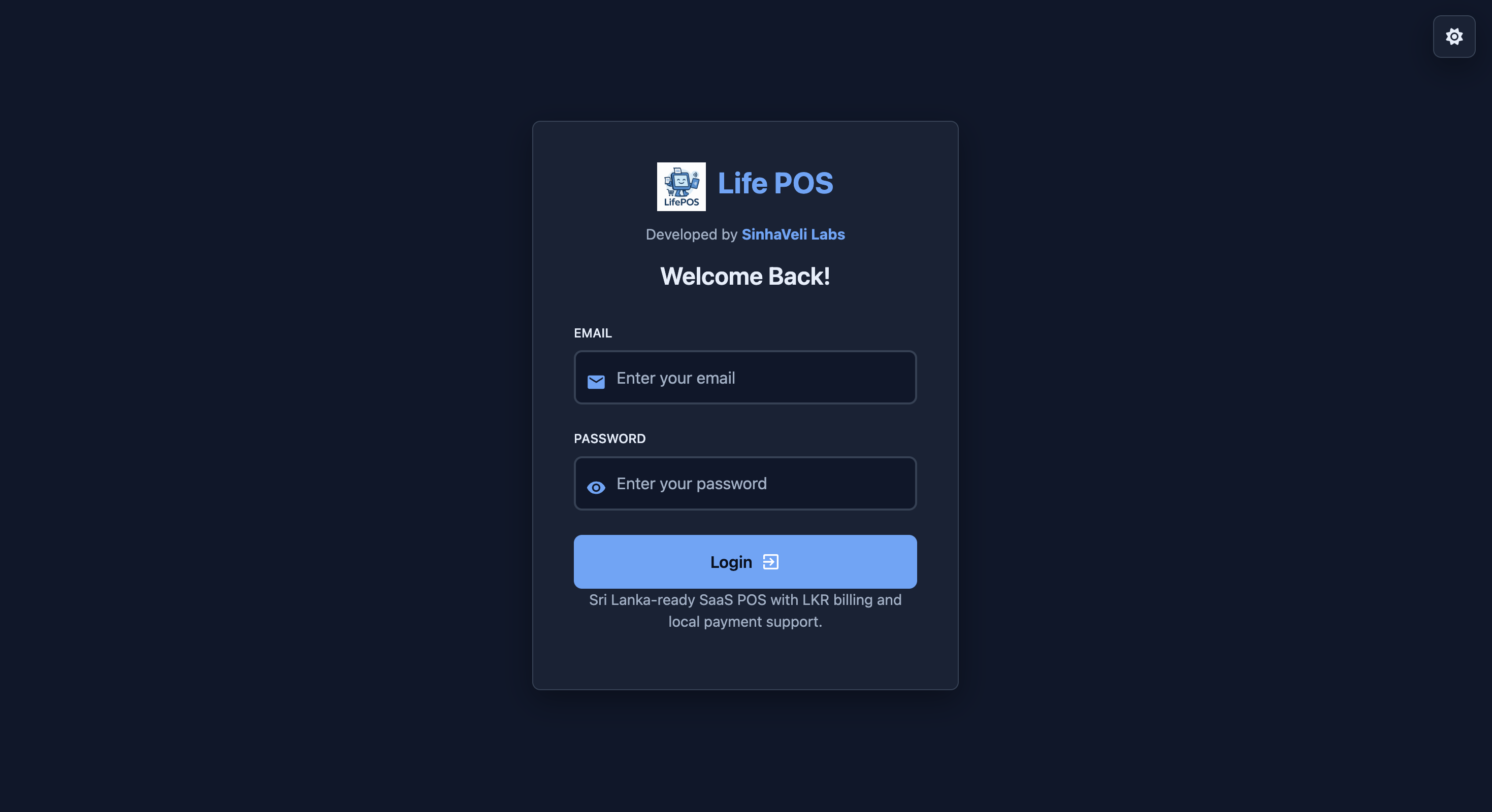 LifePOS login screen with Sri Lanka-ready SaaS POS messaging